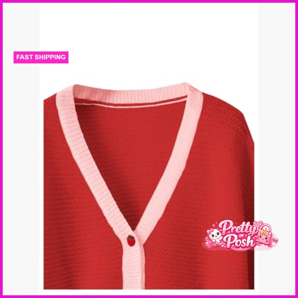 Polyester Kawaii Strawberry Pattern Cardigan Long… - image 3